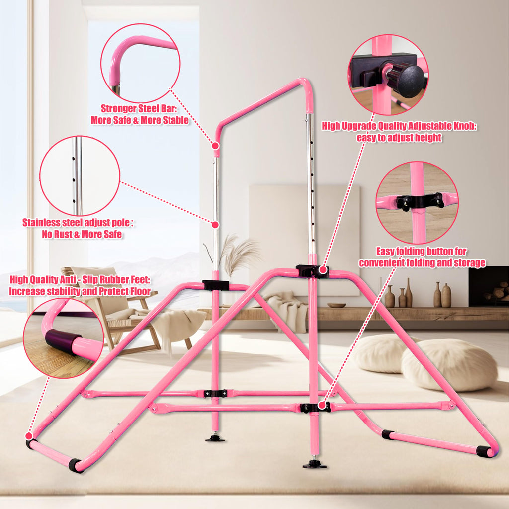 MARFULA Foldable Gymnastic Bar for Kids Ages 3-9, 9 Height Levels, 200 lbs Weight Capacity, 5 Ft Length Gymnastic Kip Bar with Mat, Gymnastic Equipment for Home and Gym Center Indoor Outdoor Use