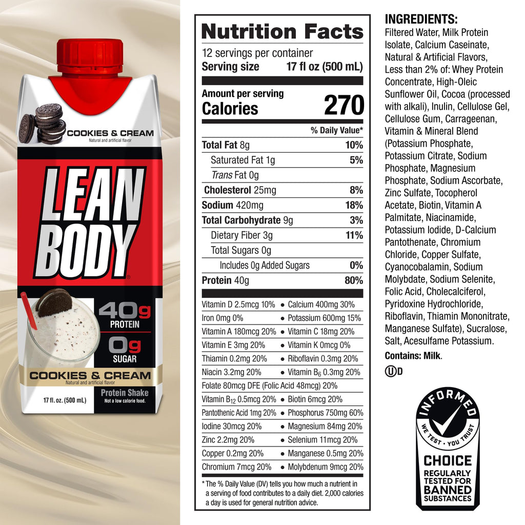 Labrada Lean Body Ready-to-Drink Cookies and Cream Protein Shake, 40g Protein, Whey Blend , 0 Sugar, Gluten No, 22 Vitamins & Minerals, (Recyclable Carton & Lid - Pack of 12) LABRADA , 17 Fl Oz (Pack of 12)