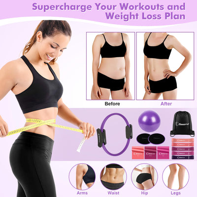 Pilates Ring Set with Resistance Bands Set, Pilates Ball, Sliding Disks – Workout Equipment Home Gym Includes Complete Fitness Poster
