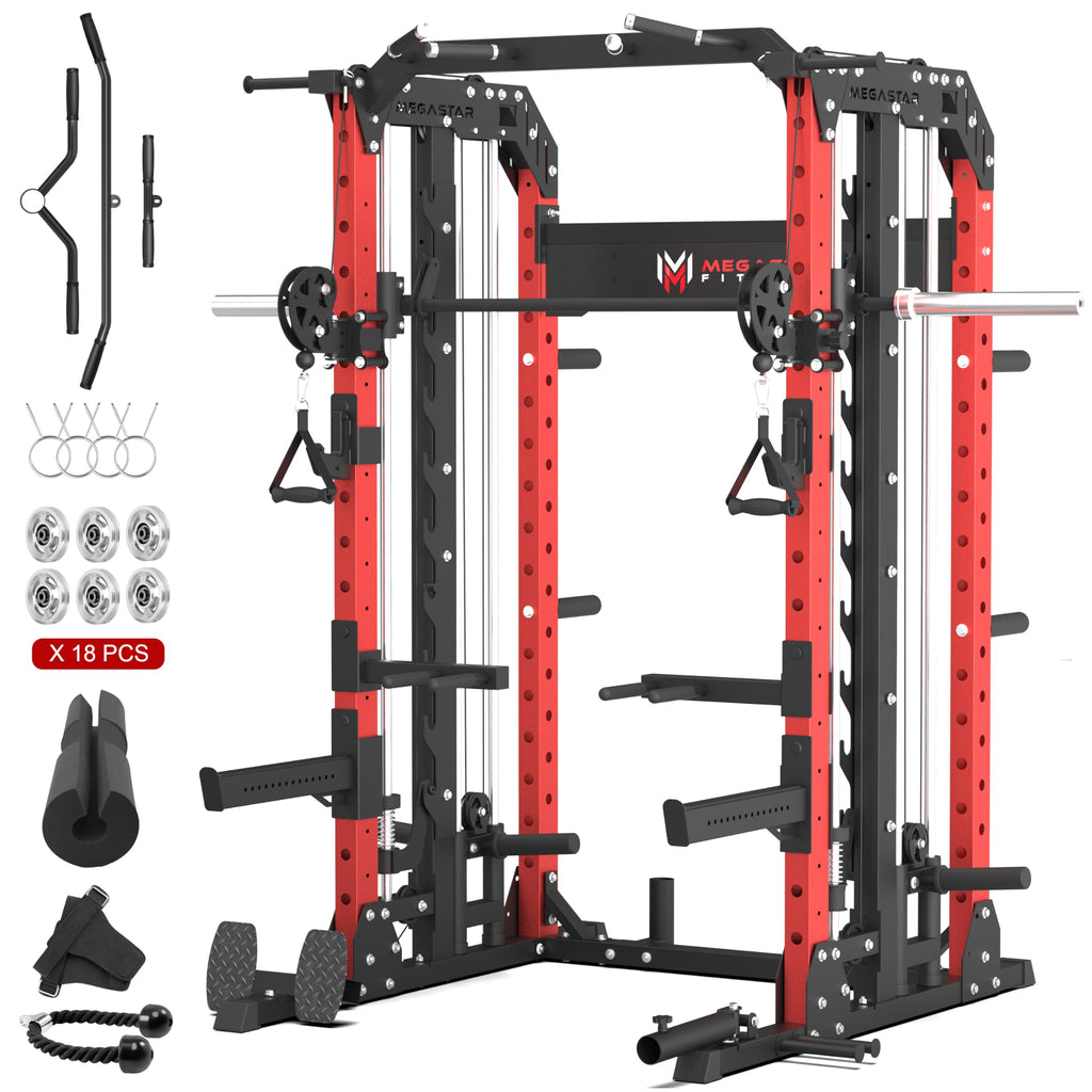 Smith Machine Home Gym with Aluminum Pulley Set- 2000lbs Capacity All-in-One Power Rack with Cable Crossover, Pull-Up Bar & Dip Station, Includes 18 Attachments, P107 Anvil