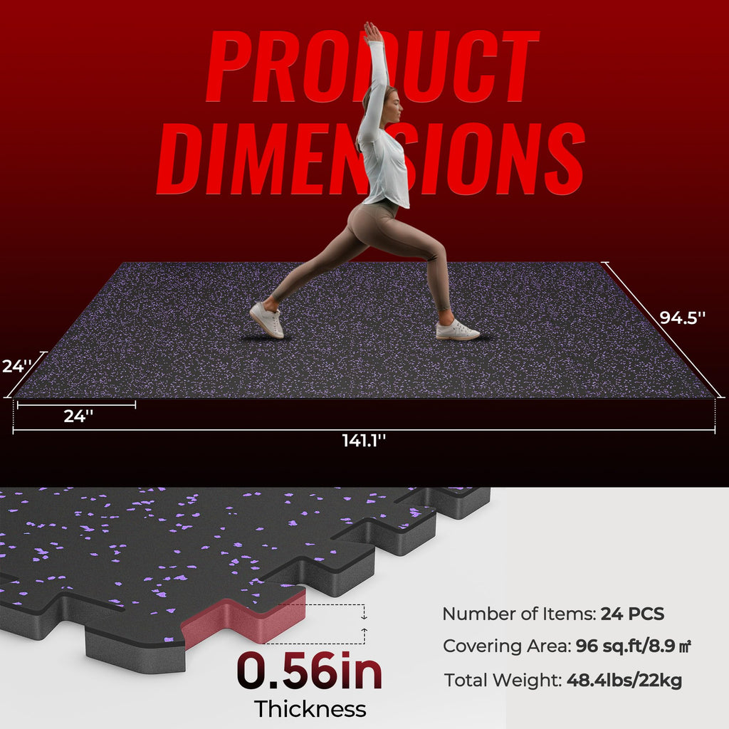 SUPERJARE 0.56'' Thick 12 Pcs 48 Sq Ft Rubber Top Exercise Equipment Mats, High Density EVA Foam Mats with Rubber Top, Interlocking Gym Flooring for Home Gym, Protective Workout Mat, Black/Grey