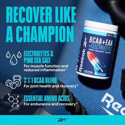 Reebok REECover Amino Acids + Electrolytes | 8g EAAs, 5g BCAAs, Hydration Matrix | Muscle Recovery, Strength | Post-Workout Support | 30 Servings | Strawberry Lemonade