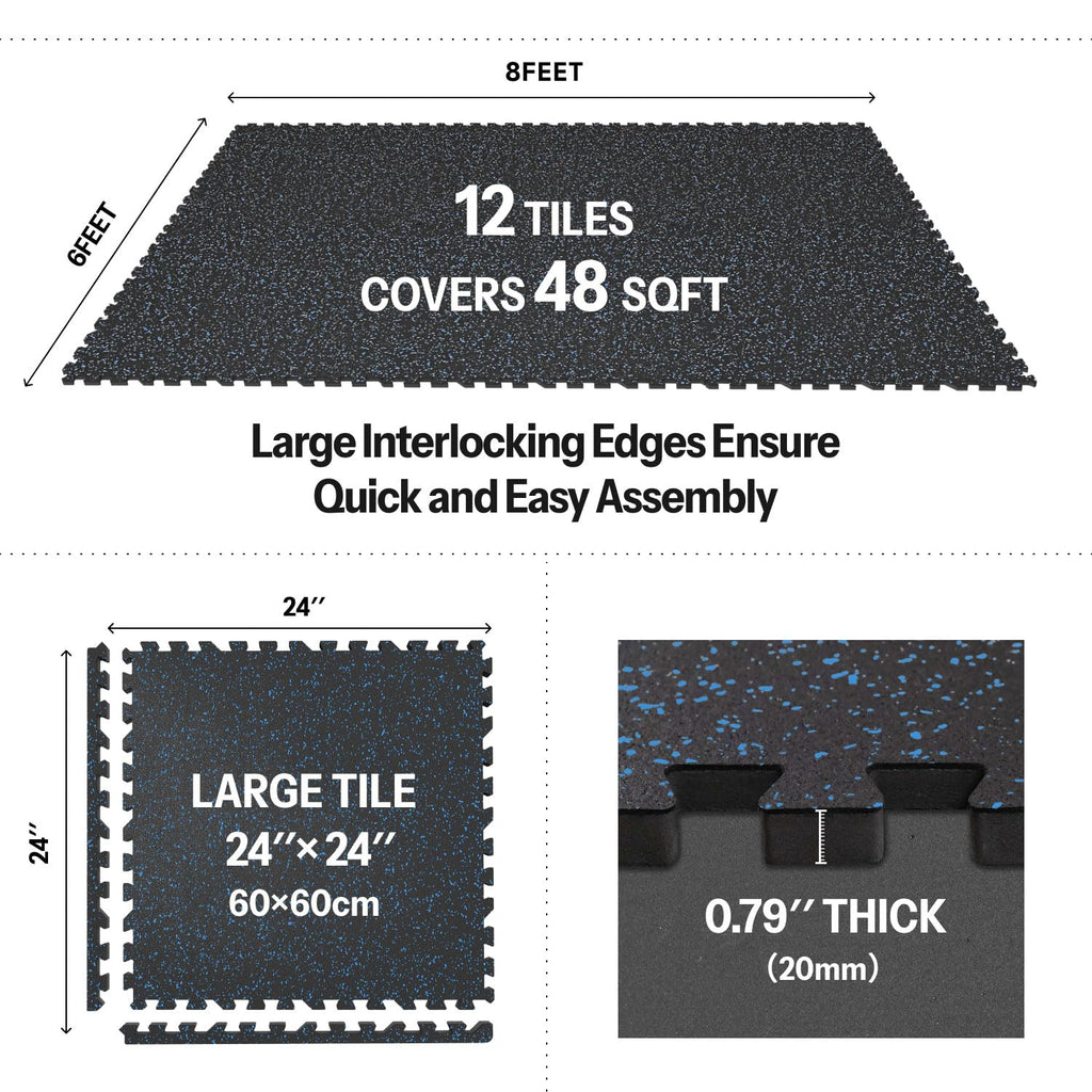 AIRHOP 0.79in Thick 24 Sq Ft Exercise Equipment Mats, 6 Tiles Upgraded Rubber Top with High Density EVA Foam, Large Interlocking Puzzle Gym Flooring for Home Gym, Heavy Weight Workout,Black & White