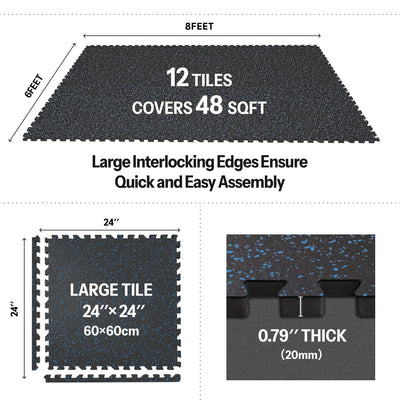 AIRHOP 0.79in Thick 24 Sq Ft Exercise Equipment Mats, 6 Tiles Upgraded Rubber Top with High Density EVA Foam, Large Interlocking Puzzle Gym Flooring for Home Gym, Heavy Weight Workout,Black & White