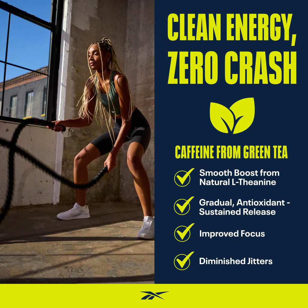 Reebok Pre-Workout Powder | 200mg Natural Caffeine, 3g Creatine Monohydrate | Clean Energy Pre Workout for Strength, Focus & Pump | Informed-Sport Certified | ReeEnergize | Sour Green Apple