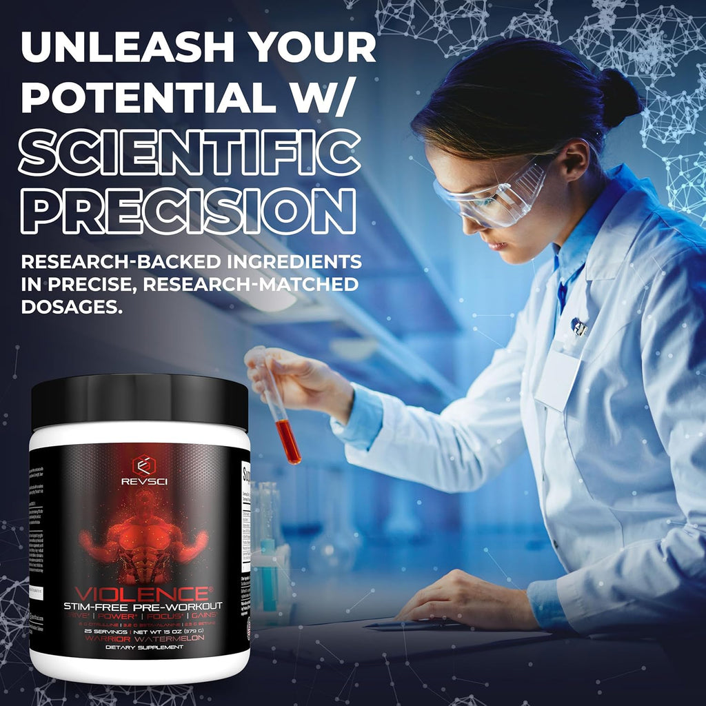 VIOLENCE Stim Free Pre Workout Powder by REVSCI, Precision Dosed Non Stim Preworkout Pump Pre Workout Caffeine Free Pre Workout Powder, Pump Supplement & Stimulant Free Nitric, Watermelon, 25 Servings