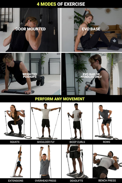 EVO Gym - Portable Home Gym Strength Training Equipment, at Home Gym | All in One Gym - Resistance Bands, Base Holds Gym Bar & Handles for Travel | Portable Gym & Home Exercise Equipment