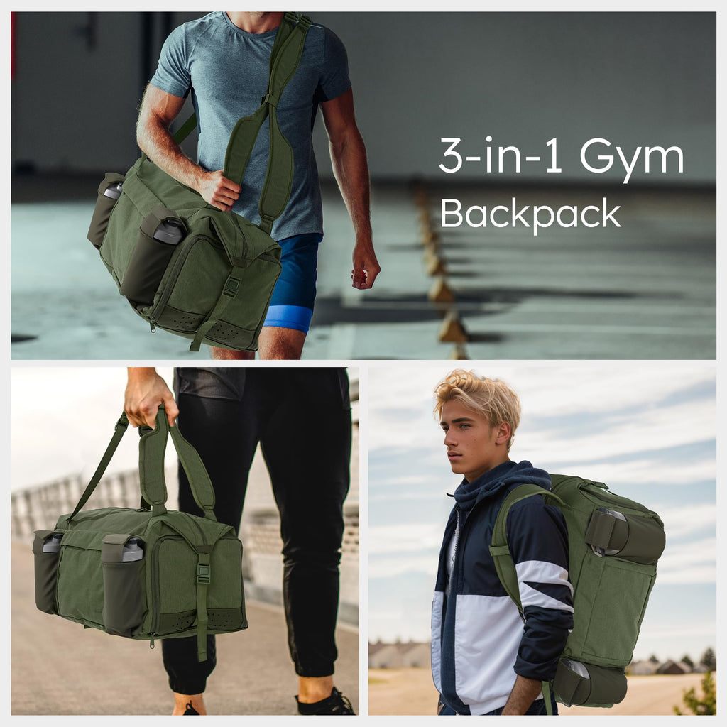 Gym Bag for Men with 2 Upgraded Bottle Holders Convertible Duffle Bag and Gym Backpack Waterproof Sports Bags with Shoes Compartment and Wet Pocket - Black