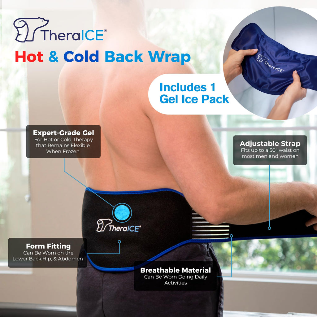TheraICE Ice Pack for Back Brace for Lower Back Pain | 2 Hot or Cold Therapy Pain Relief Products for Sciatica, Herniated Disc., Lumbar Relief | 2 Heating Pads for Men or Women