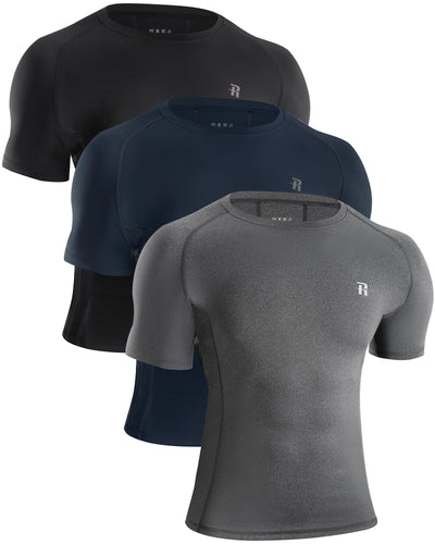 Runhit 3 Pack Men's Compression Shirts Short Sleeve Athletic T Shirt Cool Dry Workout Tops Sports Base Layer Undershirt