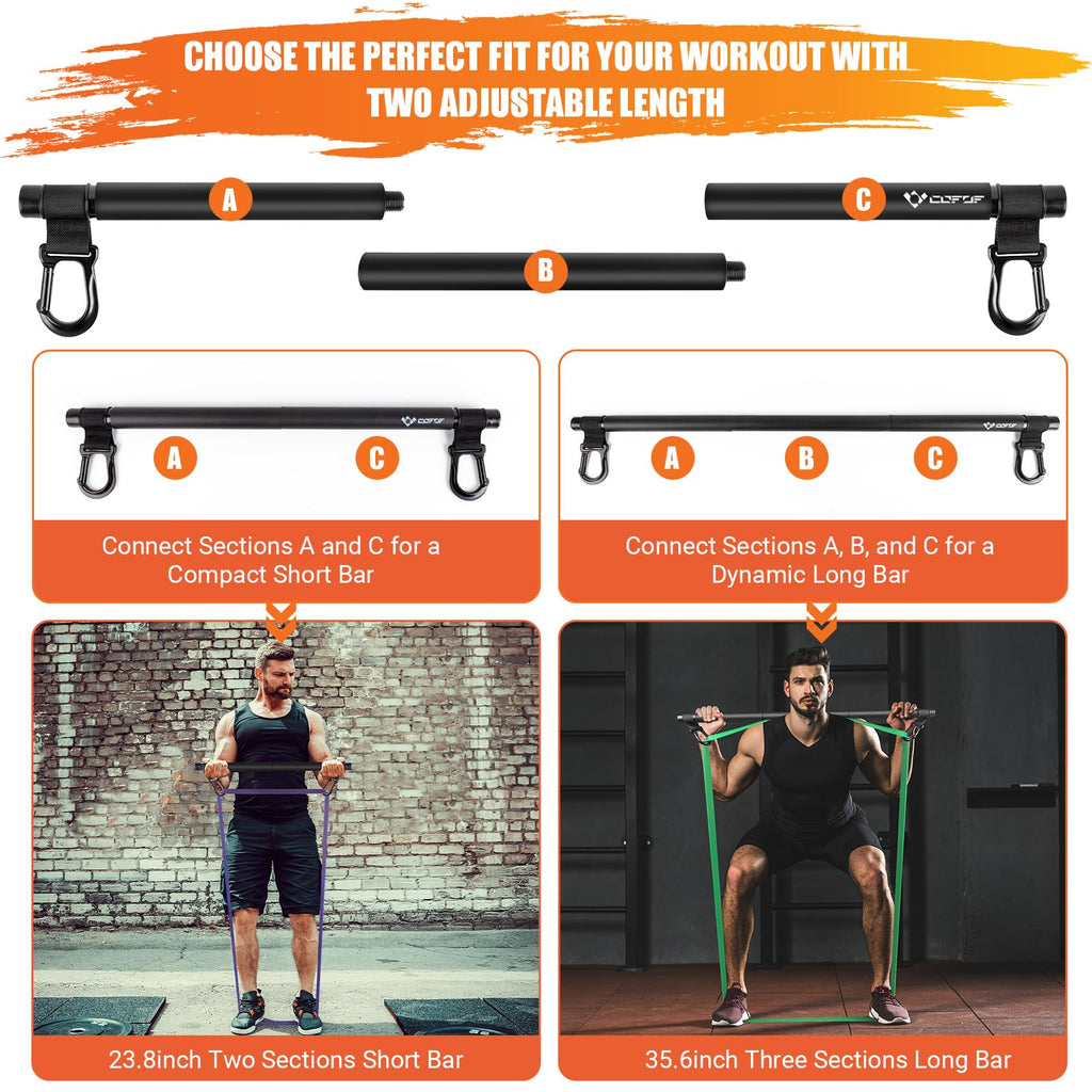 Portable Heavy Duty Resistance Bar with 3 Resistance Bands, Pilates Bar with Pull Up Bands & Training Poster, Yoga Pilates Equipment for Home Gym