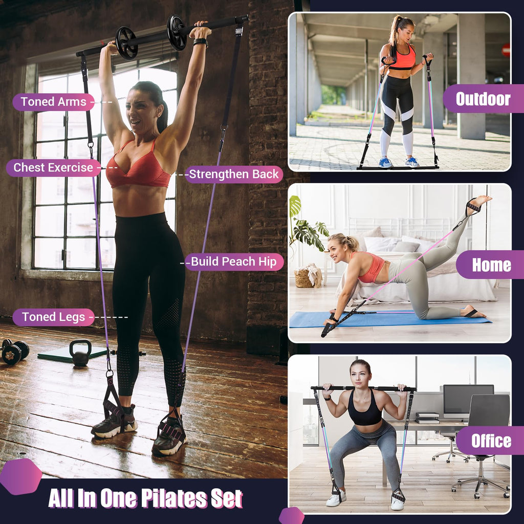 Pilates Bar Kit with Resistance Bands, Multifunctinal Exercise Bar with Ab Roller for Pilates/Abs/Weight Loss, Portable Home Gym Pilates bar kit for Full Body Training Women
