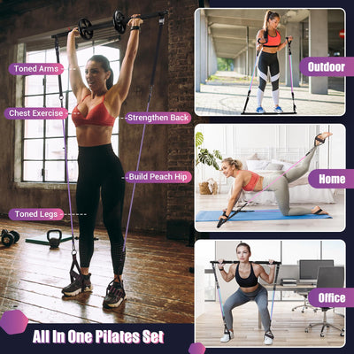 Pilates Bar Kit with Resistance Bands, Multifunctinal Exercise Bar with Ab Roller for Pilates/Abs/Weight Loss, Portable Home Gym Pilates bar kit for Full Body Training Women