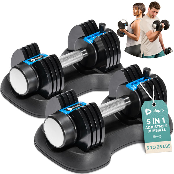 Lifepro Adjustable Dumbbells Set - 5in1-15lb 25lb 43lb 55lb weights Set & Single with Rack - Quick Adjust, Secure Grip - Compact Hand Weights for Men Women Home Gym