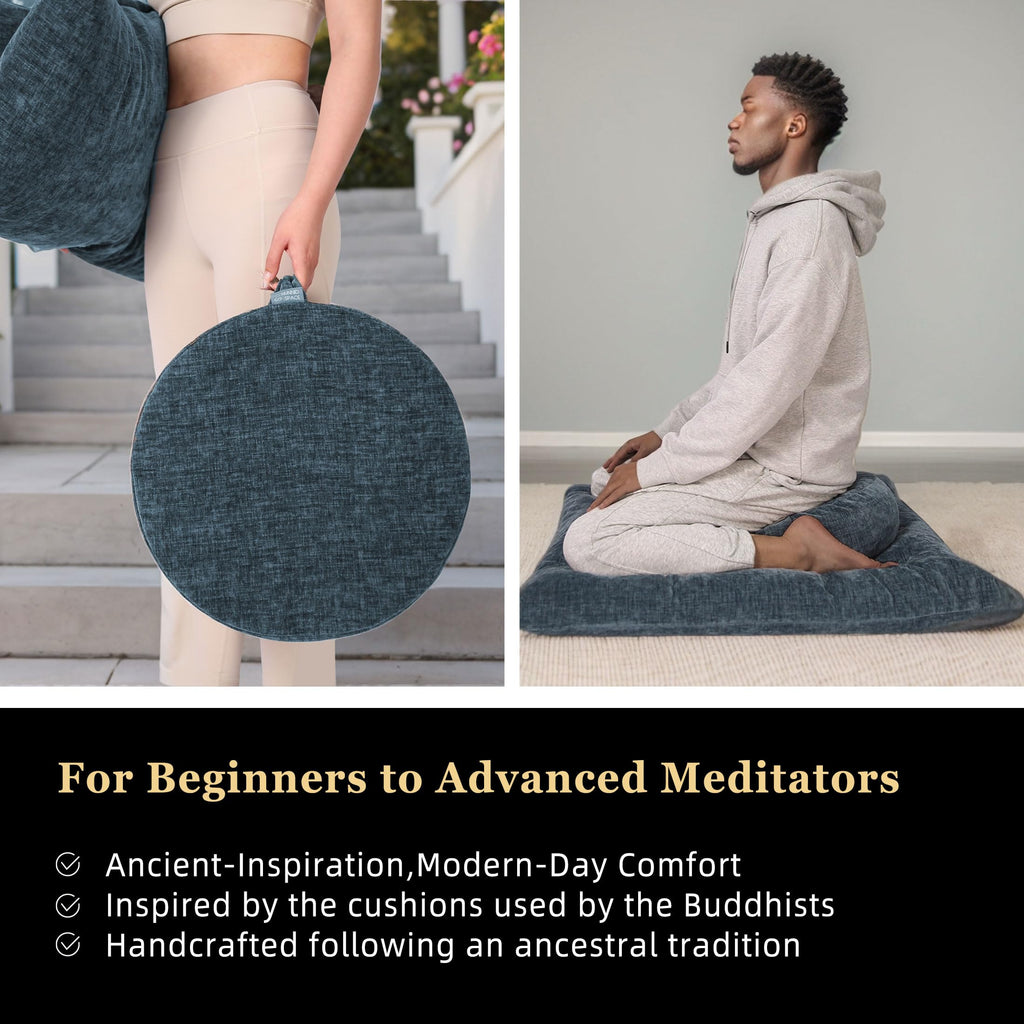 Meditation Zafu Cushion Set with Buckwheat Hulls & Memory Foam - Ergonomic Support for Yoga & Sitting - Removable Machine-Washable Luxury Velvet Cover - for Adults and Kids (Blue)