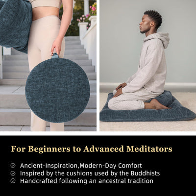 Meditation Zafu Cushion Set with Buckwheat Hulls & Memory Foam - Ergonomic Support for Yoga & Sitting - Removable Machine-Washable Luxury Velvet Cover - for Adults and Kids (Blue)