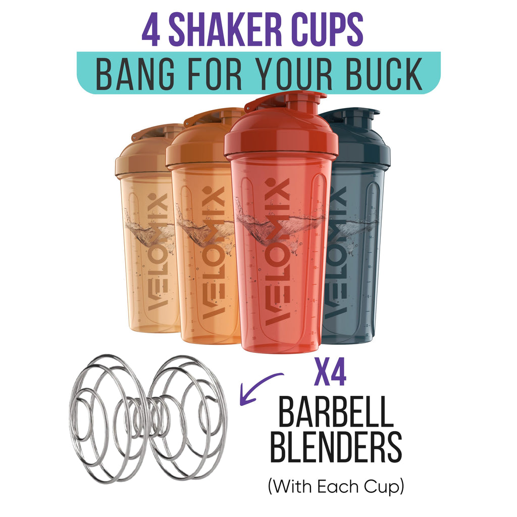 VELOMIX -4 PACK- 28 oz Protein Shaker Bottle for Protein Mixes - 4x Wire Whisk | Leak Proof Shaker Cups for Protein Shakes | Protein Shaker Bottle Pack | Protein Shake Cup (Brown)