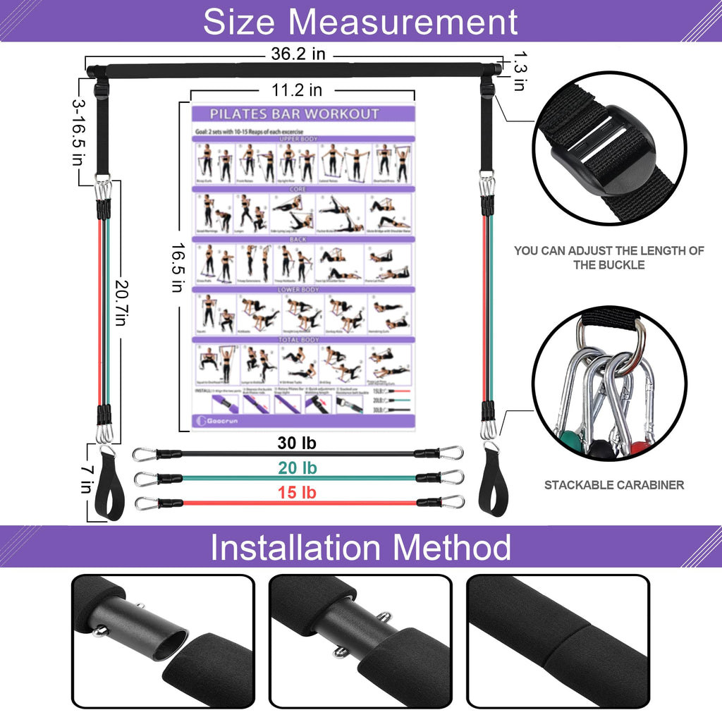 Portable Pilates Bar Kit with Resistance Bands for Men and Women - 3 Set Exercise Resistance Bands - Multifunctional Home Gym - Supports Full-Body Workouts – with Fitness Poster and Video
