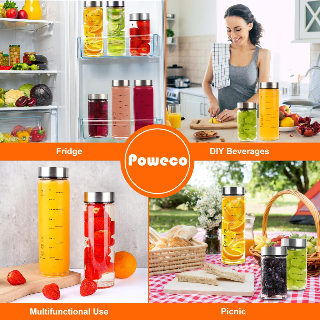 Glass Juice Bottles 4 Pack 20 oz - Wide Mouth Glass Water Bottles with Lids - for Juicing, Protein, Smoothie, Milk, Reusable, BPA Free, Stainless Steel Lids, Blender, Shaker Bottle (20oz/600ml)