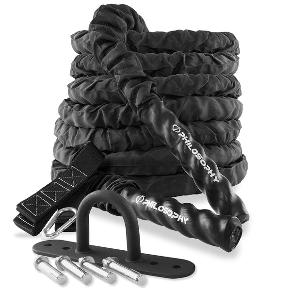 Philosophy Gym Exercise Battle Rope with Cover and Anchor Kit for Fitness Training, Conditioning