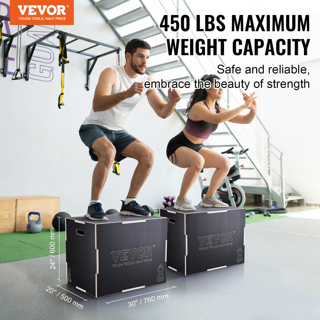VEVOR 3 in 1 Plyometric Jump Box, Easy-to-Assemble Wood Plyo Box for Jumping Trainers, Home Gym Training and Conditioning