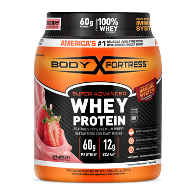 Body Fortress Super Advanced Whey Protein Powder, Strawberry, Immune Support (1), Vitamins C & D Plus Zinc, 1.78 lbs