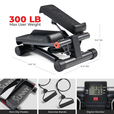 Sunny Health & Fitness Mini Stepper for Exercise at Home, Stair Step Workout Machine with Resistance Band and Over 300lb Weight Capacity, Optional Twist Motion and Free SunnyFit App Connection