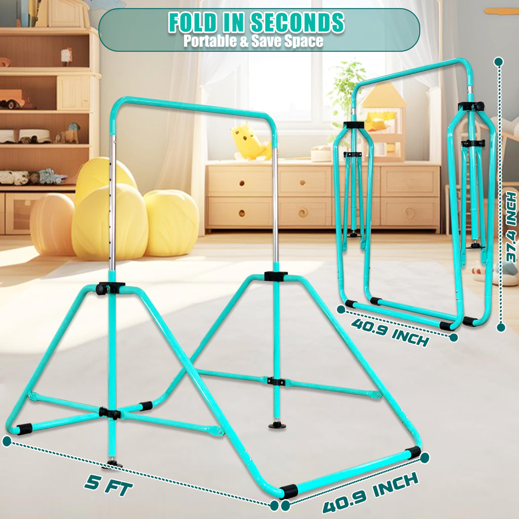 MARFULA Foldable Gymnastic Bar for Kids Ages 3-9, 9 Height Levels, 200 lbs Weight Capacity, 5 Ft Length Gymnastic Kip Bar with Mat, Gymnastic Equipment for Home and Gym Center Indoor Outdoor Use