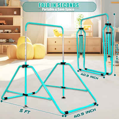 MARFULA Foldable Gymnastic Bar for Kids Ages 3-9, 9 Height Levels, 200 lbs Weight Capacity, 5 Ft Length Gymnastic Kip Bar with Mat, Gymnastic Equipment for Home and Gym Center Indoor Outdoor Use
