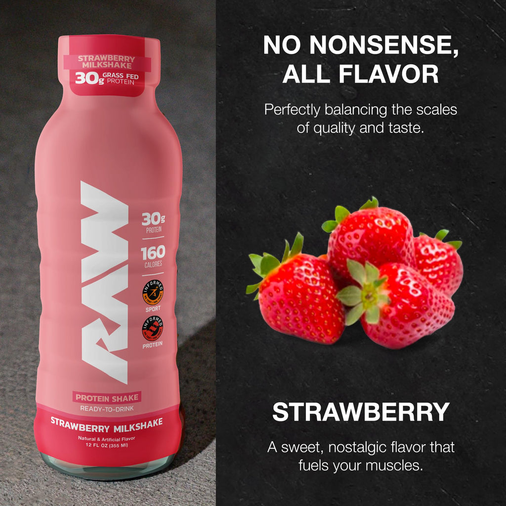 RAW Ready-to-Drink Protein Shake, Vanilla - RTD Protein Drinks with Grass-Fed Whey Protein Isolate for Post-Workout - Zero-Sugar & Gluten-Free Meal Replacement Drink & Breakfast Shake, 12 Fl Oz
