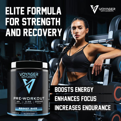 Voyager Pre-Workout Rocket Razz – Creatine-Free Powder w/L-Citrulline, Beta-Alanine, Caffeine – Supports Energy, Endurance & Focus – 30 Servings – No Artificial Fillers – GMP Certified