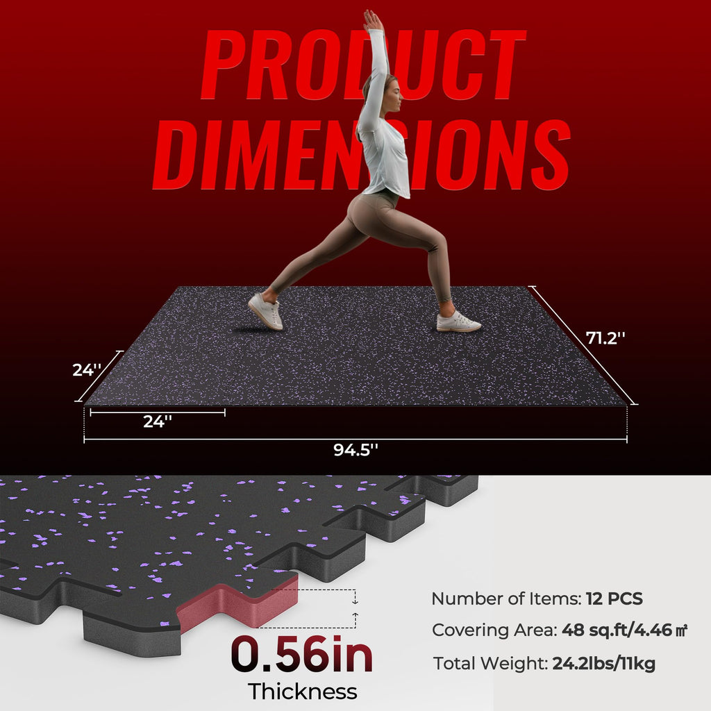 SUPERJARE 0.56'' Thick 12 Pcs 48 Sq Ft Rubber Top Exercise Equipment Mats, High Density EVA Foam Mats with Rubber Top, Interlocking Gym Flooring for Home Gym, Protective Workout Mat, Black/Grey