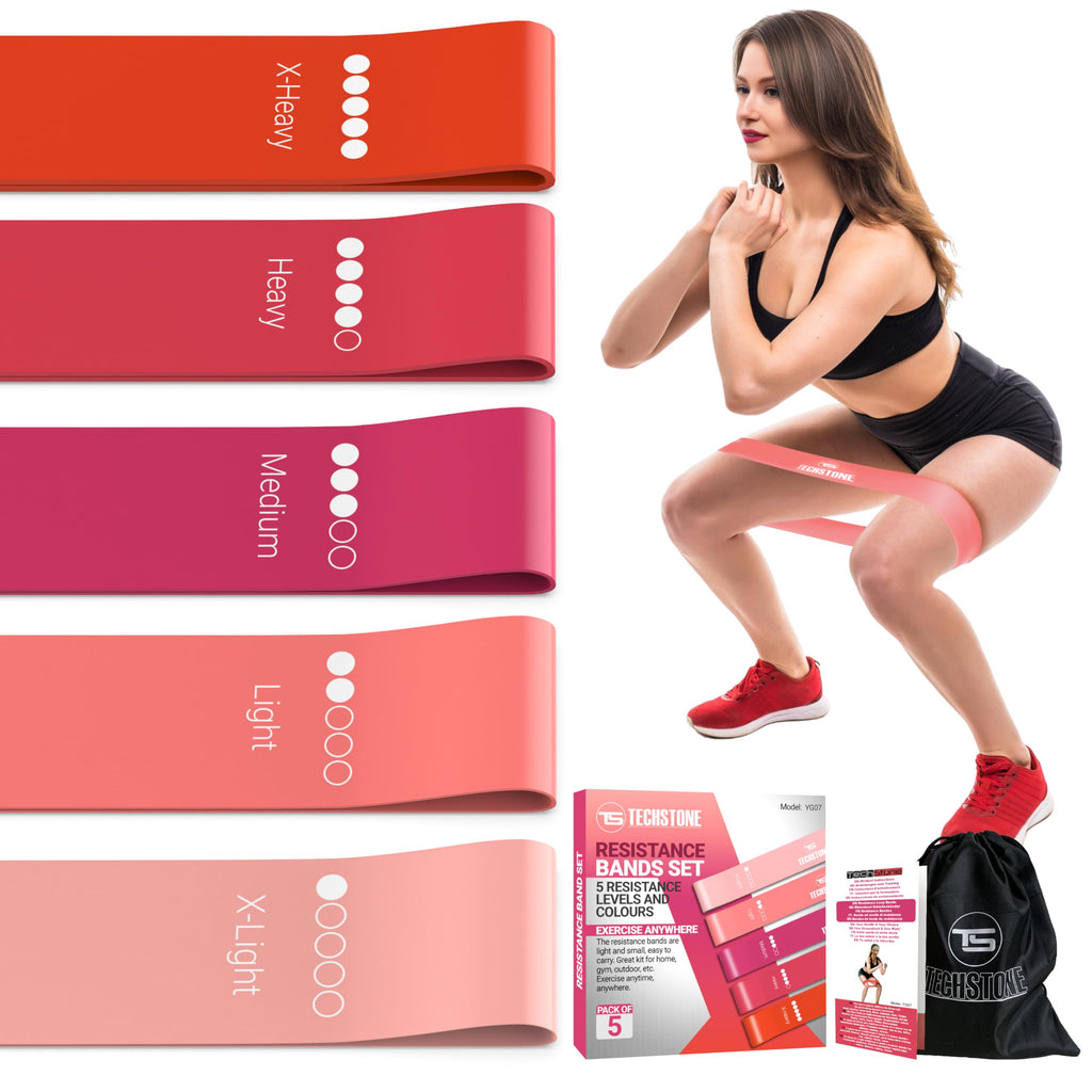 TechStone Resistance Bands Set for Men and Women, Pack of 5 Different Levels Elastic Band for Home Gym Long Exercise Workout – Great Fitness Equipment for Training, Yoga – Free Carrying Bag