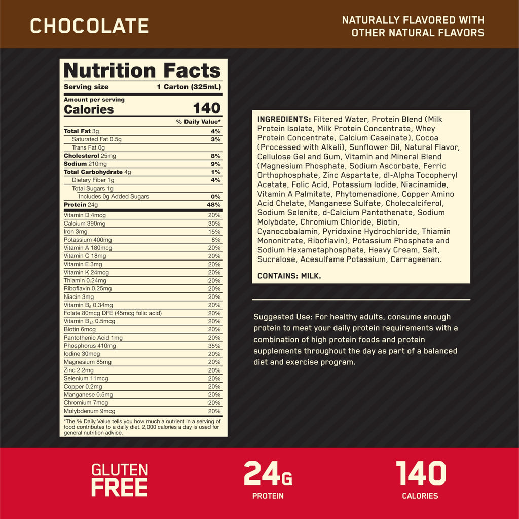 Optimum Nutrition Gold Standard Protein Shake, 24g Protein, Ready to Drink Protein Drinks, Chocolate, 11 Fl Oz, 12 Count (Pack of 1) (Packaging May Vary)