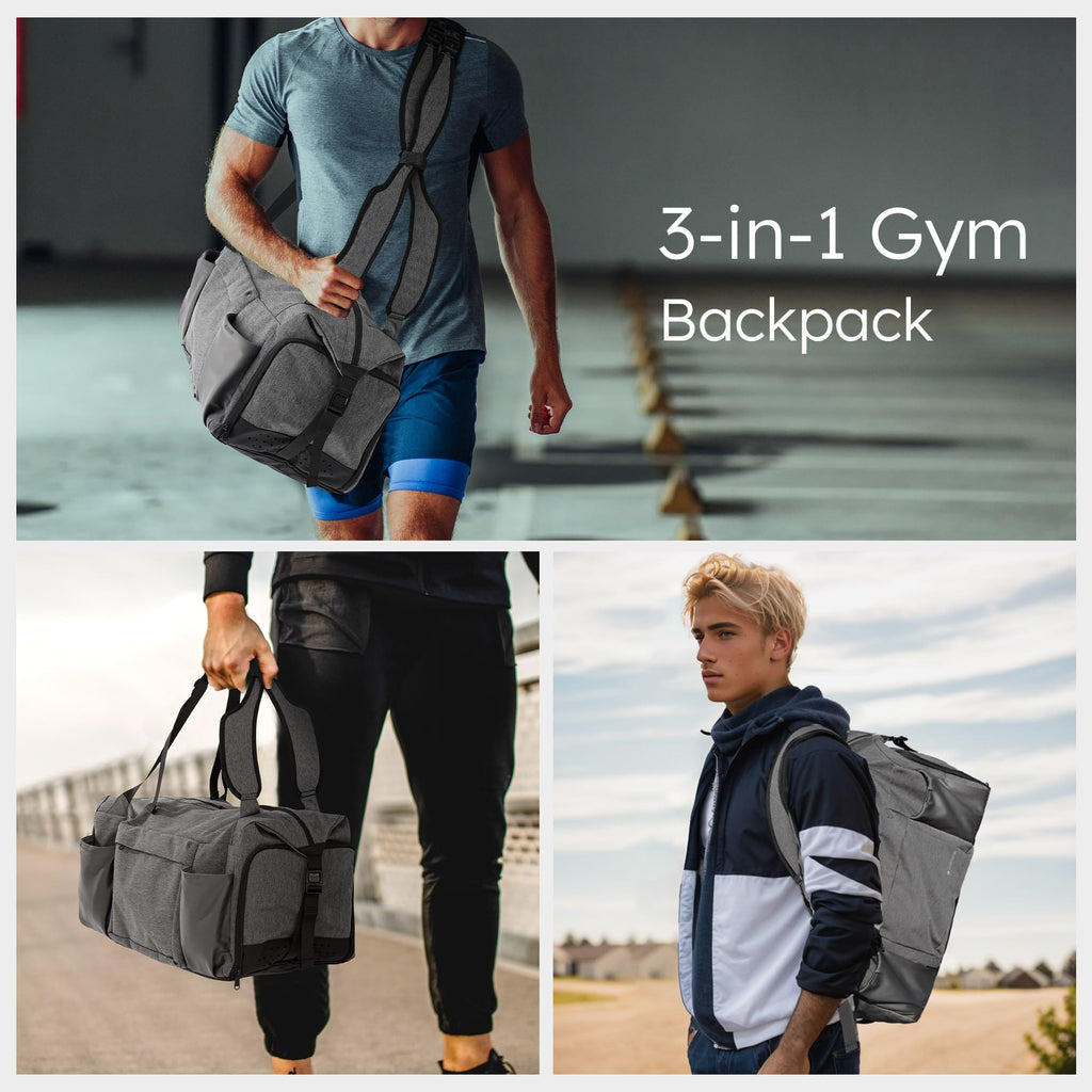 Gym Bag for Men with 2 Upgraded Bottle Holders Convertible Duffle Bag and Gym Backpack Waterproof Sports Bags with Shoes Compartment and Wet Pocket - Black