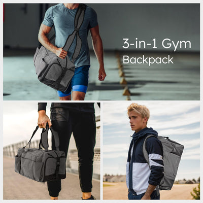 Gym Bag for Men with 2 Upgraded Bottle Holders Convertible Duffle Bag and Gym Backpack Waterproof Sports Bags with Shoes Compartment and Wet Pocket - Black