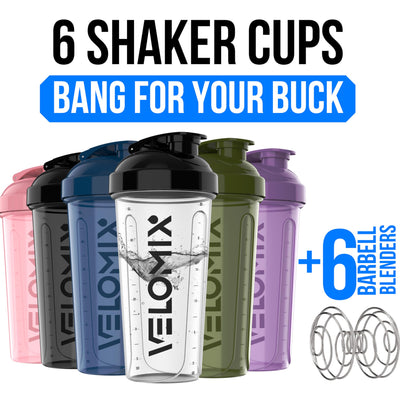 VELOMIX -6 PACK- 28 oz Protein Shaker Bottle for Protein Mixes - 6x Wire Whisk | Leak Proof Shaker Cups for Protein Shakes | Protein Shaker Bottle Pack | Protein Shake Cup (Earth Tones Collection)