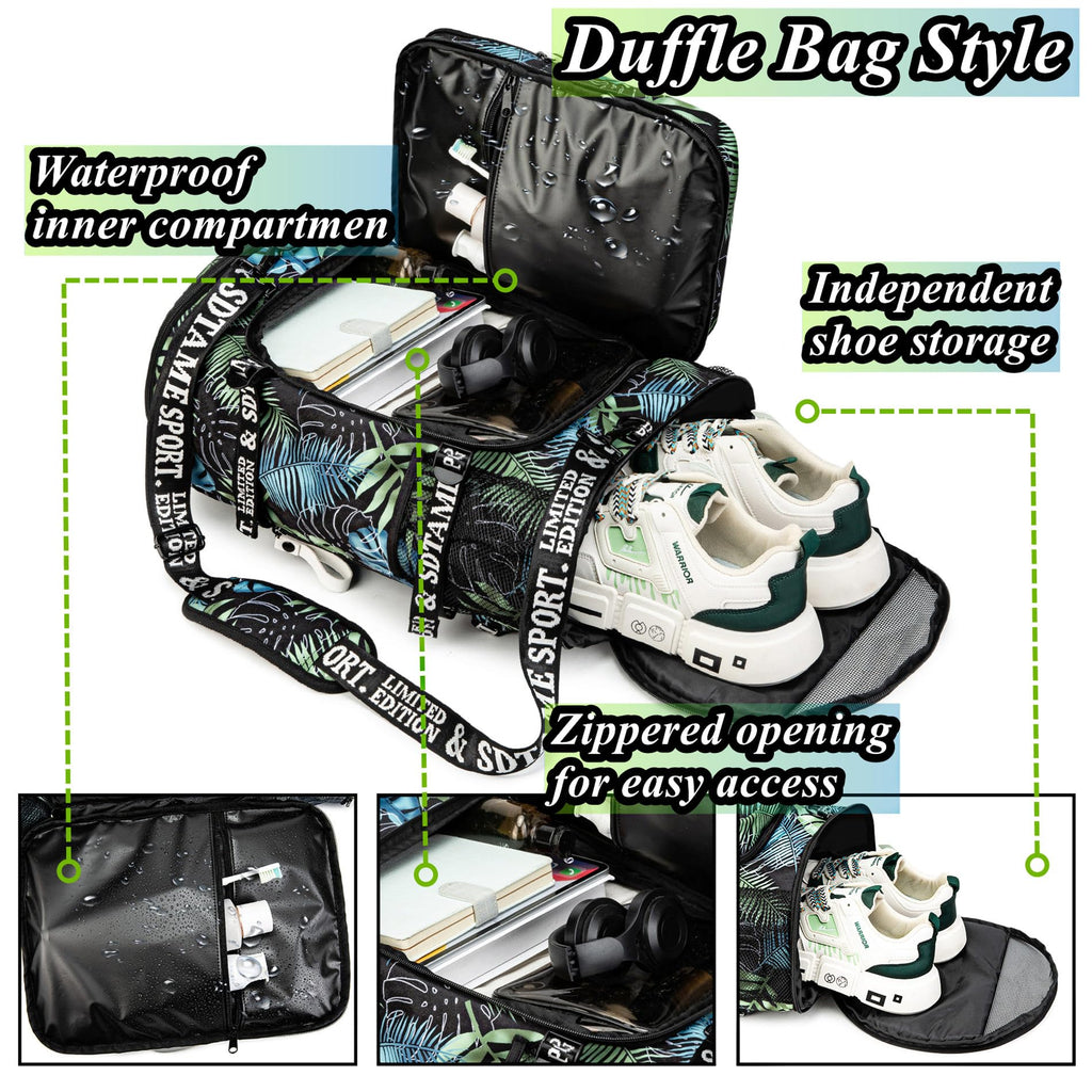Gym Duffle Bag Backpack with Shoe Compartment,4 ways Travel Backpack for Women and Men,Multi-Functional Weekender bag with Waterproof Layer&Laptop Compartment for Fitness, Travel,Camping