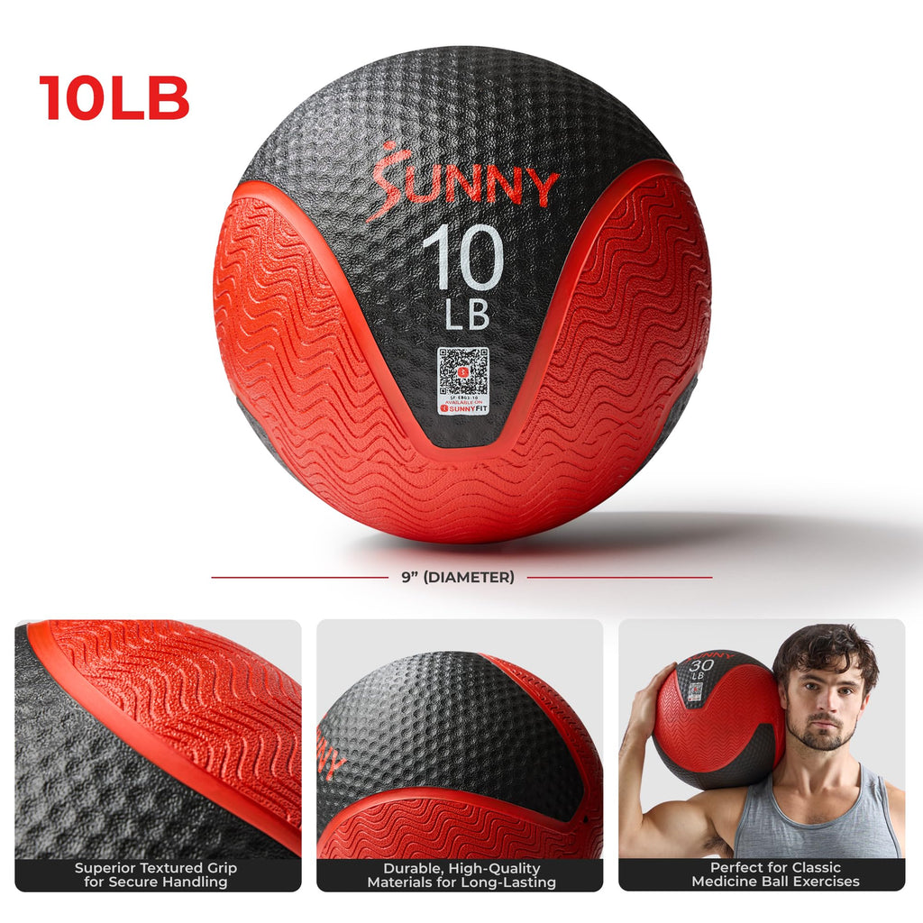 Sunny Health & Fitness Medicine Ball, Textured Rubber, Core Strength & Balance Training, Bouncing, Weight for Home Workouts 4,6,8,10,12,15,20,25,30LB Options