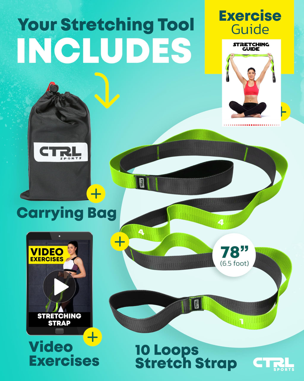 Stretching Strap with Loops - Non Elastic Stretch Band for Physical Therapy, Yoga Strap for Stretching Equipment, Stretch Bands for Exercise and Flexibility - Fascia, Hamstring & Leg Stretcher Belt