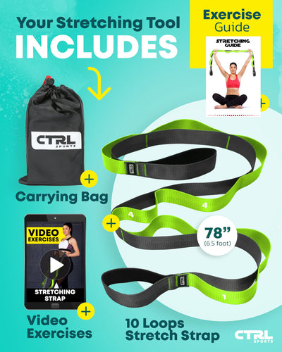 Stretching Strap with Loops - Non Elastic Stretch Band for Physical Therapy, Yoga Strap for Stretching Equipment, Stretch Bands for Exercise and Flexibility - Fascia, Hamstring & Leg Stretcher Belt