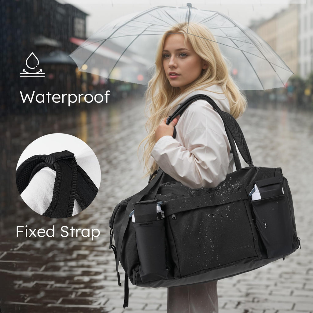 Gym Bag for Men with 2 Upgraded Bottle Holders Convertible Duffle Bag and Gym Backpack Waterproof Sports Bags with Shoes Compartment and Wet Pocket - Black