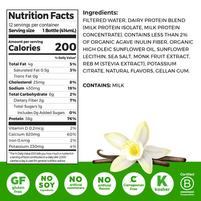 Orgain 30g High Protein Shake, Dairy Isolate Milk Protein, Vanilla Bean, 5g BCAAs, 1g Sugar Per Serving, Meal Replacement, Ready to Drink, Keto Friendly, Gluten-Free 11 Fl Oz (Pack of 12)