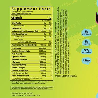 BULLFIT Pre Workout Powder, Pina Coolada Flavor, Pre-Workout Support for Men & Women, L Citrulline, Creatine, Beta Alanine & Electrolytes, Powdered Drink Mix with No Sucralose & Zero Sugar, 20 Srvgs