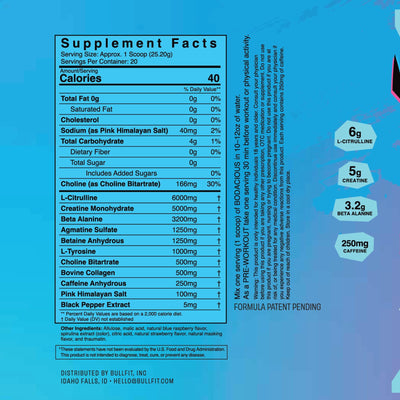 BULLFIT Pre Workout Powder, Pina Coolada Flavor, Pre-Workout Support for Men & Women, L Citrulline, Creatine, Beta Alanine & Electrolytes, Powdered Drink Mix with No Sucralose & Zero Sugar, 20 Srvgs