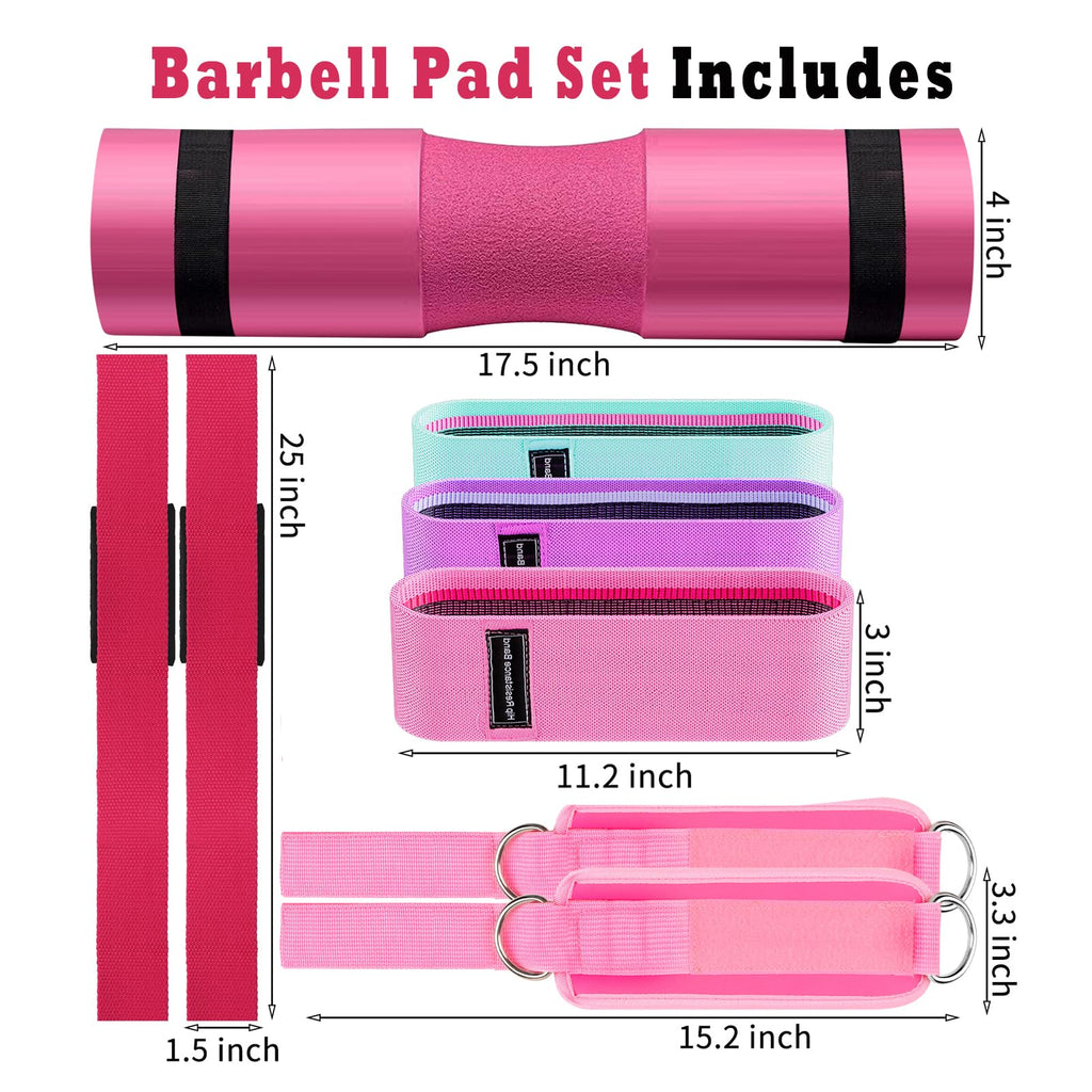 Barbell Pad Set for Squat,10 PCS Hip Thrusts Workout Foam Weight Lifting Bar Cushion with 2 Gym Ankle Straps,3 Hip Resistance Bands,2 Lifting Strap,Barbell Pad and Carry Bag