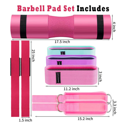 Barbell Pad Set for Squat,10 PCS Hip Thrusts Workout Foam Weight Lifting Bar Cushion with 2 Gym Ankle Straps,3 Hip Resistance Bands,2 Lifting Strap,Barbell Pad and Carry Bag