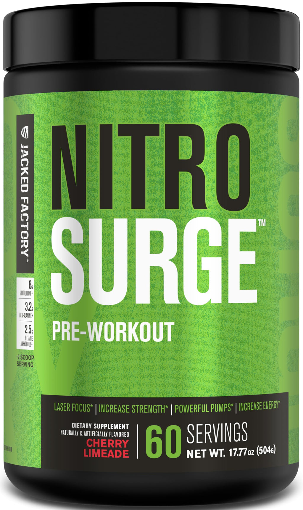 Jacked Factory NITROSURGE Pre Workout Supplement - Endless Energy, Instant Strength Gains, Clear Focus, Intense Pumps - NO Booster & Preworkout Powder with Beta Alanine - 30 Servings, Cherry Limeade