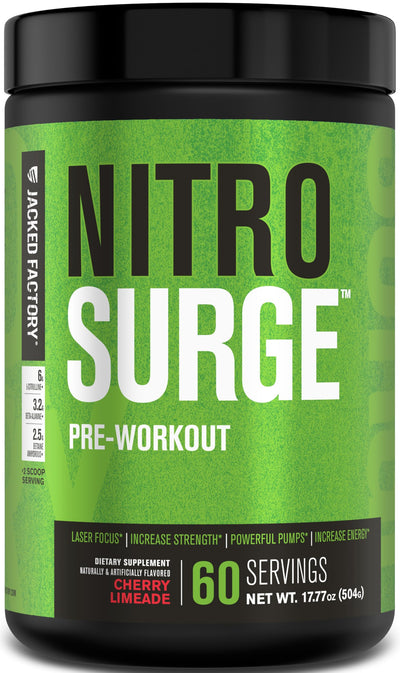 Jacked Factory NITROSURGE Pre Workout Supplement - Endless Energy, Instant Strength Gains, Clear Focus, Intense Pumps - NO Booster & Preworkout Powder with Beta Alanine - 30 Servings, Cherry Limeade