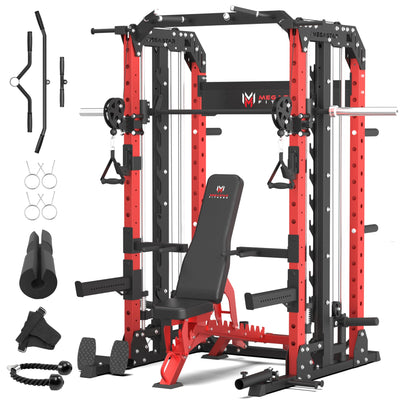 Smith Machine Home Gym with Aluminum Pulley Set- 2000lbs Capacity All-in-One Power Rack with Cable Crossover, Pull-Up Bar & Dip Station, Includes 18 Attachments, P107 Anvil